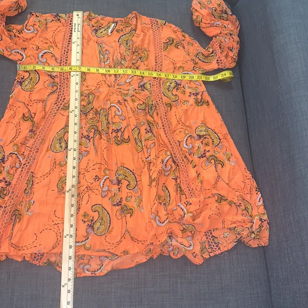 Free People *Flaw Tunic Mini Just The Two Of Us Paisley Orange XS Boho Whimsical